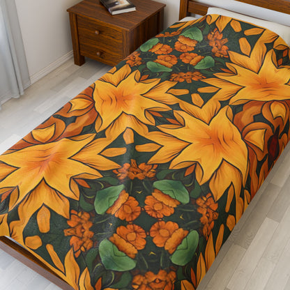 Autumn Kaleidoscope Velveteen Plush Blanket — Cosy Fall Floral Throw C1