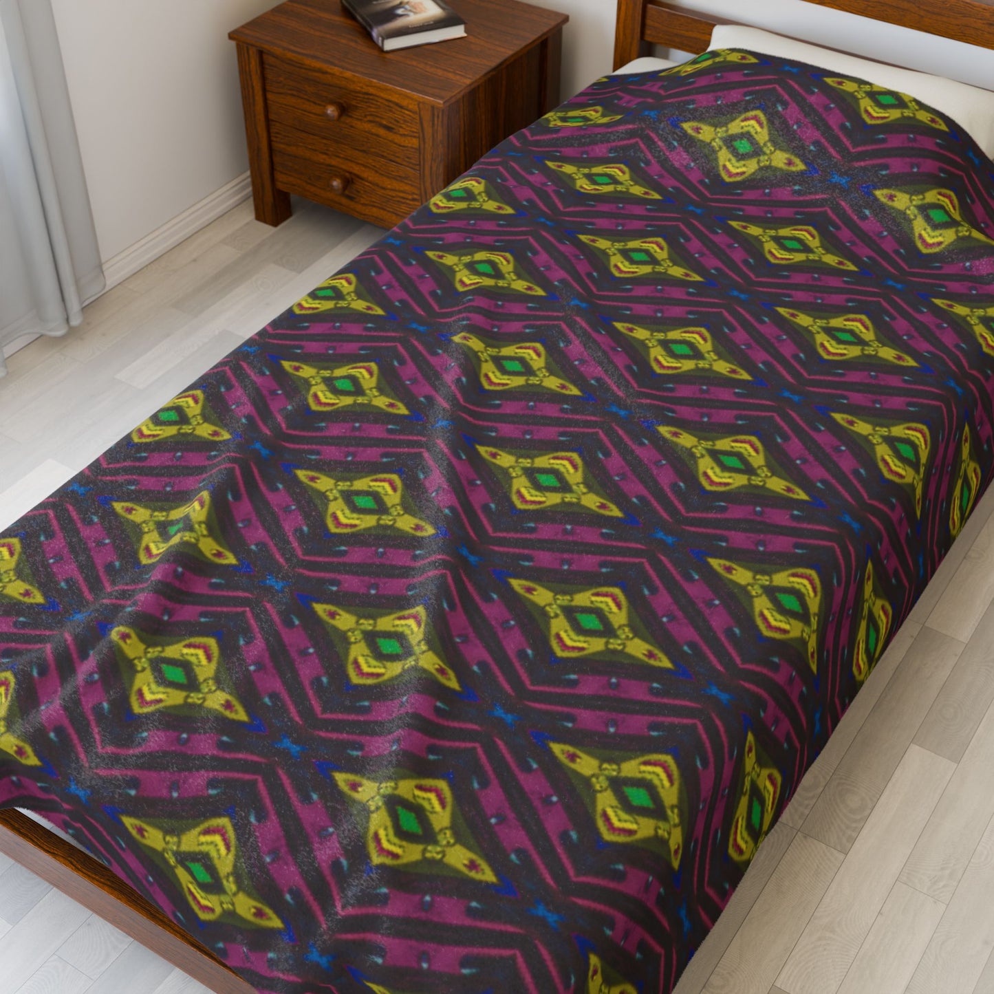 Velveteen Plush Blanket - Colourful Geometric Ikat Pattern Cosy Throw