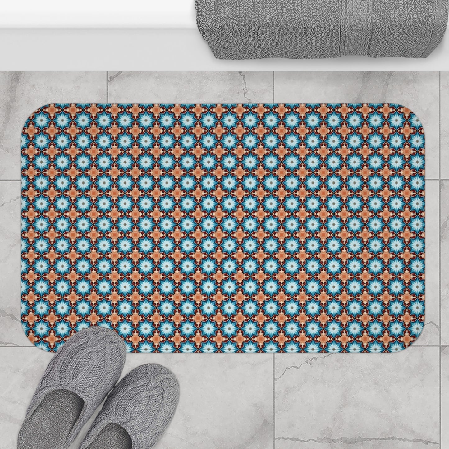 Retro Blue Tile Bath Mat — Geometric Moroccan Pattern