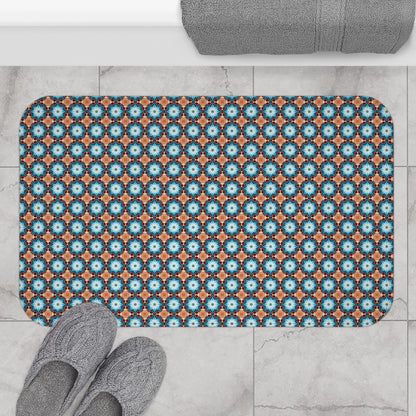 Retro Blue Tile Bath Mat — Geometric Moroccan Pattern