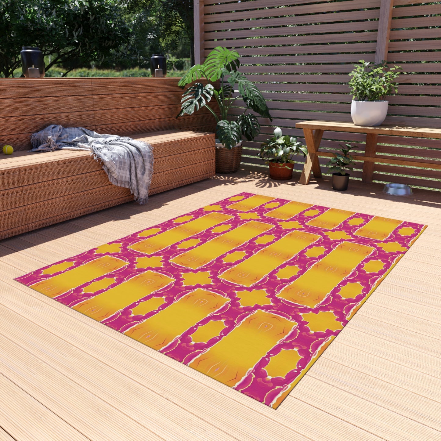 Bold Geometric Outdoor Rug — Sunshine Yellow & Magenta Patio Mat